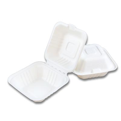 China Soak proof/Mmicrowave safe/Cut Resistant Clamshell 6 Compostable Hamburger Boxes 450Ml Lunch Bagasse Clamshell Box for sale