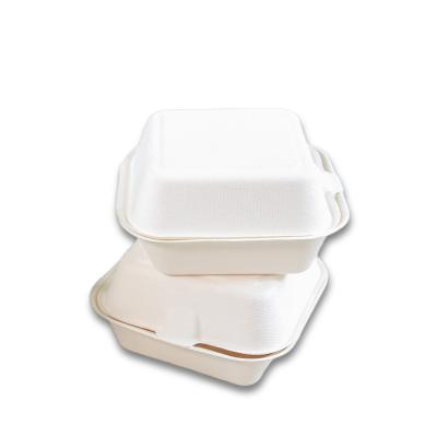 China Soak proof/Mmicrowave safe/Cut Resistant Clamshell 6 Compostable Hamburger Boxes 480Ml Clamshell Bagasse Paper Box for sale