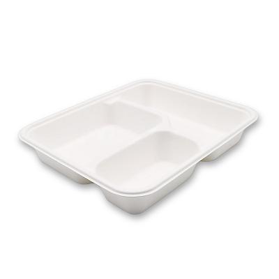 China Soak proof/Mmicrowave safe/Cut Resistant 3-Compartment Compostable Tray Sugarcane Disposable Bagasse Tray Takeout Food Container for sale