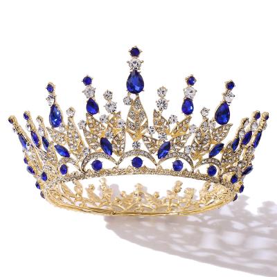 China Stylish Fashionable Most Popular RS283A Style Green Leaves Full Round Rhinestone Crystal Tiara Crown Blue for sale