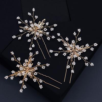 China Luxury Rose Gold Hair Jewelry 3 Pieces Set Gold Hair Pin Handmade Pearls Rhinestone Hair Clip Bridal Hair Accessories for sale