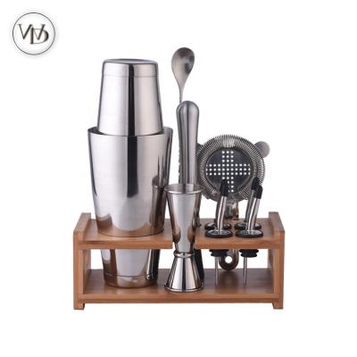 China 10 Pieces Viable Wholesale Cocktail Bartender Kit Bar Tools Set Martini Stain Plant Shaker Set With Stylish Bamboo Wooden Stand for sale