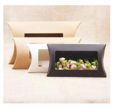 China Handmade high promotional quality ready to ship craft paper pillow box with transparent clear PVC window for gift packaging for sale