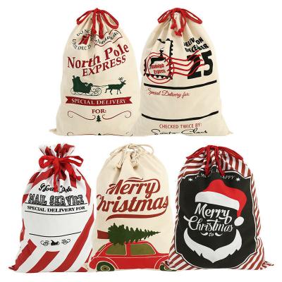 China Eco Friendly Christmas Santa Sack Deer Drawstring Cotton Canvas Sack 2021 New Year Christmas Decorations for sale