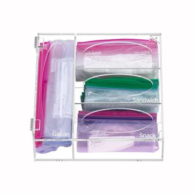 China Sustainable Food Bag Storage Organizer Acrylic Kitchen Drawer Baggie Ziplock Box For Freezer Sandwich Snacks Variety Size Bags Clear Color for sale