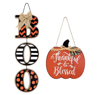 China Europe Halloween Boo Sign Wooden Door Hangers and Walls Sign Grateful and Blessed Wooden Pumpkin Hanging Decoration for sale