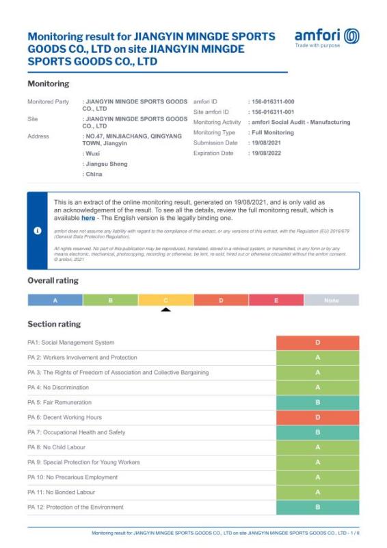 BSCI - Jiangyin Mingde Sports Goods Co., Ltd.