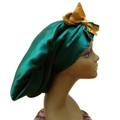 China Custom Logo Eco-Friendly Adjustable Wide Brim Sleep Band Double Layer Long Women Hair Cap Silk HeadWraps Night Braid Satin Hood With Tie for sale