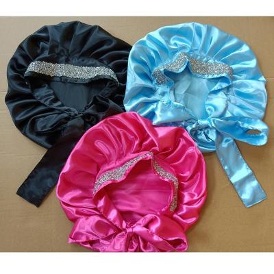 China Eco-Friendly Wholesale Silk Satin Cowl Edge Wrap Single Layer Scarf Braids Hair Bling Rhinestone Nightcap Sleep Caps for sale