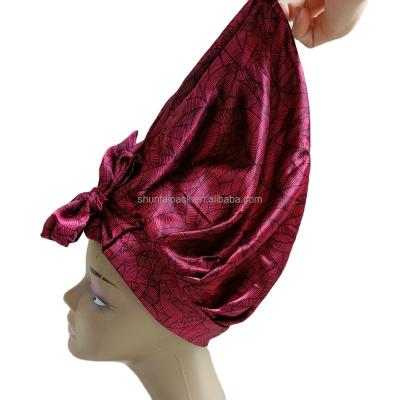 China Multifunctional Adjustable Custom Logo Ladies Household Hair Lace Up Silk Satin Hood Headwrap Scarf Hats for sale