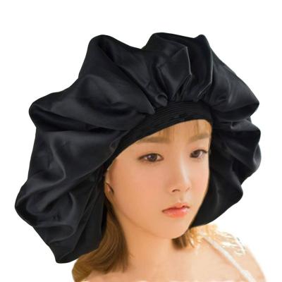 China Waterproof Durable Adjustable Lines Striped Large Satin EVA Bath Caps Double Layers Shower Cap for sale