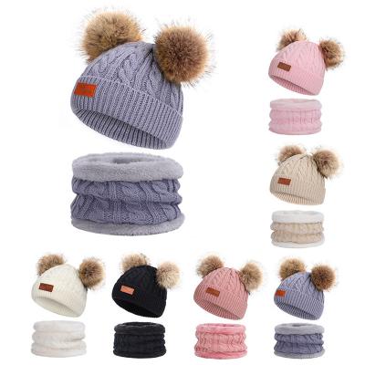 China Warm Acrylic Short Knitted Two Sets Of Pom Pom Beanie Hat Loop Kids Winter Hat Scarf for sale