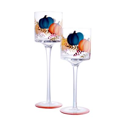 China Pumpkin Hand Painted Long Stem Glass Candle Holder for Hallows Day for sale