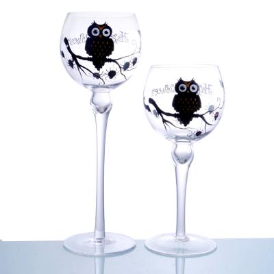 China Viable Bat and Owl Hand Painted Glass Candle Holder with Pearl for Hallows Day for sale