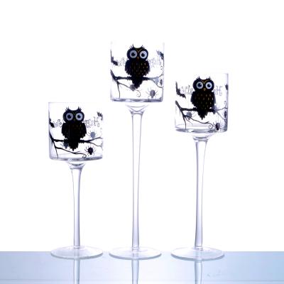 China Bat and Owl Long Stem Hand Painted Glass Candle Holder for Hallows Day for sale