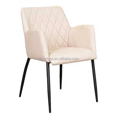 China AFFORDABLE stylish beige upholstered dining armchair with durable metal leg for sale