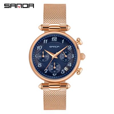 China Luxury Watch Montre Femme Quartz Mesh Steel Belt Ladies Dress Sanda 1037 Calendar Stopwatch Date Clock New Fashion Full Women Wristwatches for sale