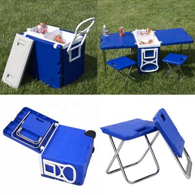 China Waterproof Discount 2021 Outdoor Picnic Cooler Folding Cooler Table Chair Sets Cooler Box for sale