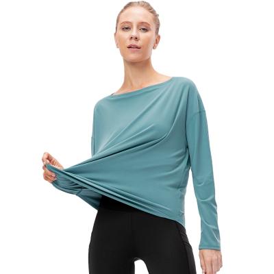 China Breathable Autumn And Winter Nine Word Collar Female Sports Sleeve Long Yoga Wear Fitness Running Loose Nylon Naked Jacket for sale