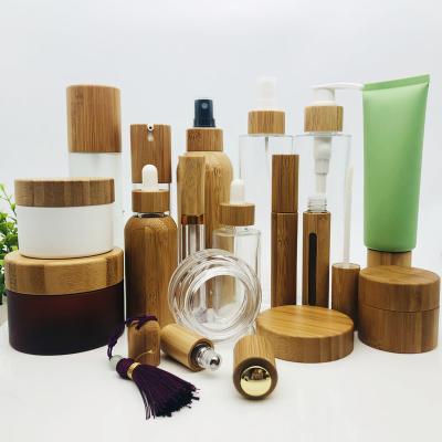 China Luxury Natural Eco-friendly Biodegradable Bamboo Cosmetic Lotion Container Packaging Bamboo Skin Care Bottles for sale