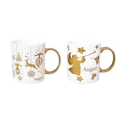 China 330ml CREATIVE, Gold Foil Christmas Design Printed White Ceramic Coffee Mug for sale