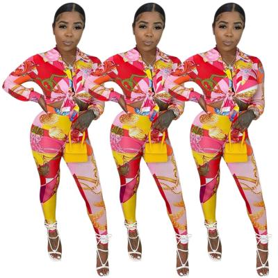 China QUICK DRY Fall 2021 Women Clothes Casual Colorful Printed Long Sleeve Shirts Pants Sets 2 Piece Outfits Sets Fall Clothing For Women for sale