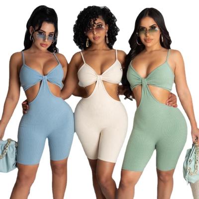 China Summe 2021 QUICK DRY Knitting Rib Hollow V-Neck Fitness Sports Overalls Women's Overalls Lace Shorts Overalls One Piece Jumpsuit for sale