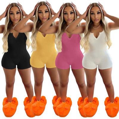 China Anti-pilling hot sale summer ladies solid colors v-neck casual jumpsuit ribbed short sleeveless halter rompers women for sale