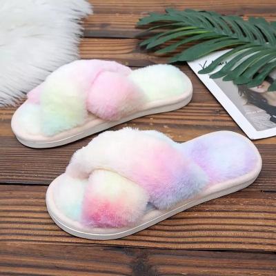 China Luxury and Comfort Lightweight Faux Toe Fluffy Flat Fur Plush Slippers Open Slides, Indoor Bedroom Home Women Fur Slides for sale