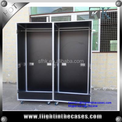 China 9-15mm fireproof plywood + aluminum frame custom size road crate wardrobe with wheels and hanging rail for sale