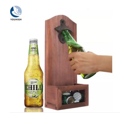 China Pine wooden wall mounted beer bottle opener catcher with lid perfect tool can be used in the kitchen for sale