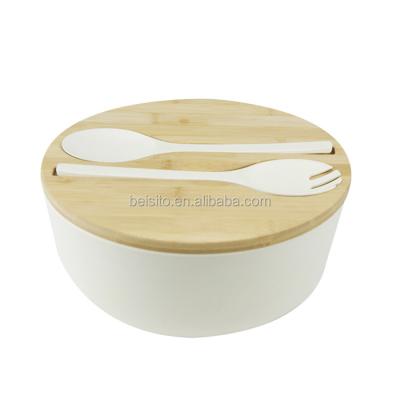 China Mikenda Eco Friendly Disposable Biodegradable Fiber Bamboo Bowl With Salad Server With Bamboo Lid for sale