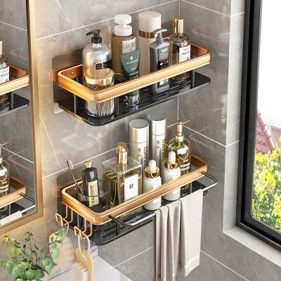 China Wall Mounted Type Space Storage Aluminum NON Drilling Rack For Bathroom Black Aluminum Square Shelf Multilayer Wall Mounted Shower Shelf for sale