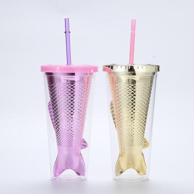 China T086 Viable Cup Mermaid Shape Fish Food Grade PS Plastic Sippy Bottle Plating Creative Double-Layer Bottles for sale