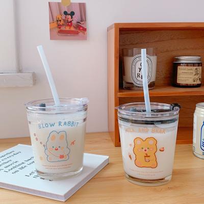 China Simple Frosted Cute Printing Mug Sheep Coffee Milk Double Pattern Children's Wind Glass INS Anti-scalding Cup With Straw for sale