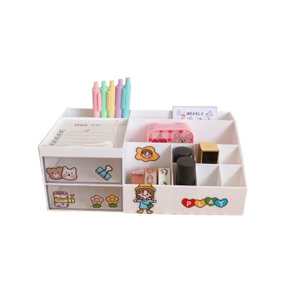 China Kawaii Modern Office Desk Three-color Stationery Set Cute Type Pen Holder Drawer Plastic Storage Box Set for sale