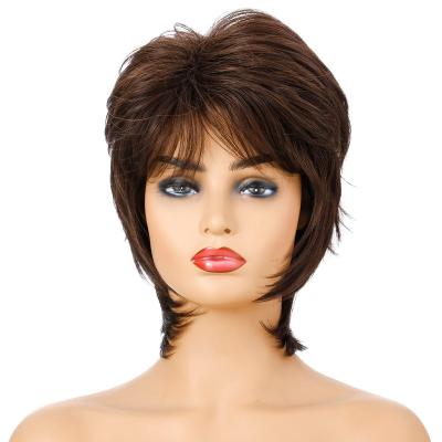 China Jerry Curl Mrs. Short Hair Wig Artificial Natural Heat Resistant Synthetic Hair Female Brown Wig for sale