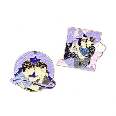 China Europe RTS Purple Enamel Soft Japanese Male Gay Hug Man Boy Embrace Printed Brooch Backpack Cap T-shirt Collar Tinplate Pin for sale