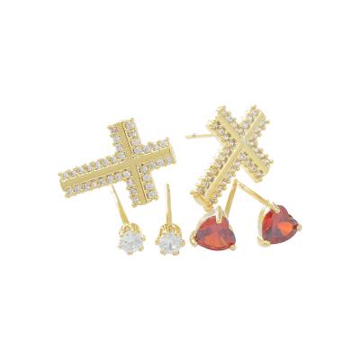 China CLASSIC 3 Pair Jewelry Gift Vintage Metal Pierced Earring New Zircon Heart Crystal Stud Earrings For Women Cross Color Shiny for sale