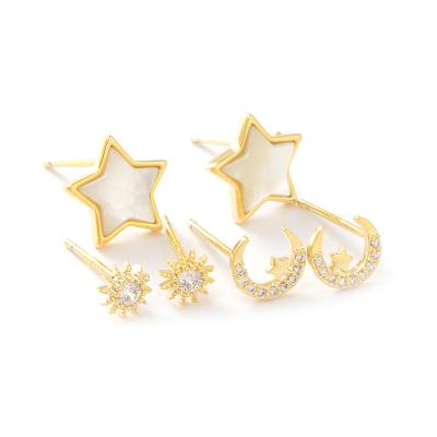 China CLASSIC 925 Gold Color Zircon 3 Pair Earring Set Shell Mini Stud Earrings Sunflower Star Moon Ear Piercing Jewelry for sale