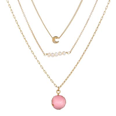 China 2021 New CLASSIC Alloy Multilayer Women's Neck Jewelry Pearl Necklace Natural Freshwater Zircon Inlaid Moon Necklace Pendant Jewelry for sale