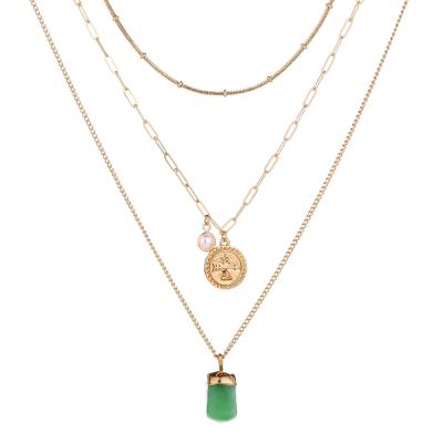 China Chic 2021 New Vintage Clip Metal Chain Disc Pearl Multi Layered Necklace Green Resin Stone Clavicle Pendant Necklace for sale