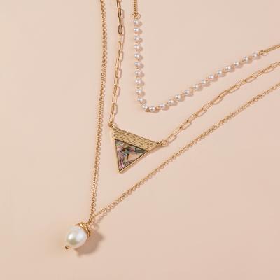 China CLASSIC Hot Selling Alloy Multilayer Women's New Abalone Color Triangle Freshwater Pearl Shell Pendant Necklace Multilayer Necklace for sale