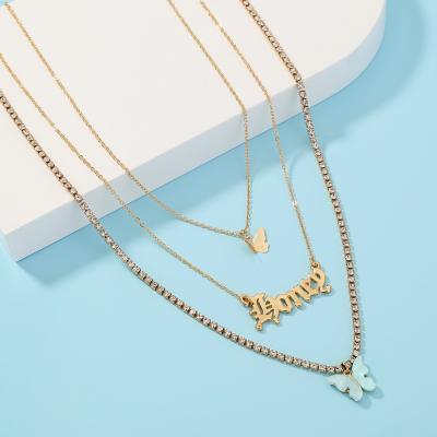 China CLASSIC INS style multi-layer diamond alloy necklace personalized three-dimensional butterfly necklace fashion letter pendant chain for sale