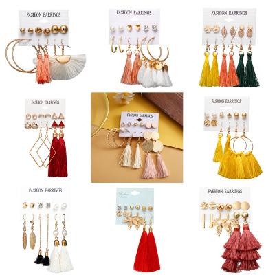 China BOHEMIA Multiple Tassel Bohemian Geometric Drop Dangle Earrings Set 18K Gold Foil Pearl CZ Stud Earrings Set For Women for sale