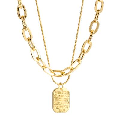 China CLASSIC Women's Double Layer 14K Stainless Steel Tag Label Rectangular English Letter Necklace Fashion Two Piece Set Necklace for sale