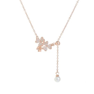 China Korea CLASSIC Stainless Steel Rose Gold Plated Women Necklace Fine Flower Necklace Natural Pearl Tassel Dangling Chain New for sale