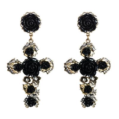 China Fashion Religious Female Temperament Retro MUSI Rose Flower Cross Earrings Baroque Church Service Earrings for sale