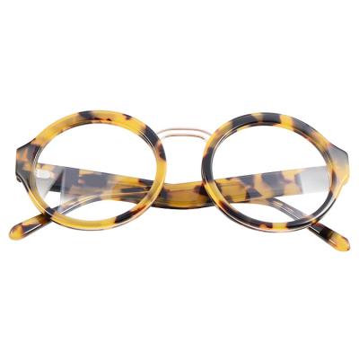 China Fashion Glasses Custom Logo Tortoise Yellow Acetate Fiber Round Full Frame Eyeglasses Optical Frames For Men for sale