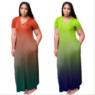 China RD Anti-Static 2021 Plus Size 4XL Casual Women Dress Summer O-neck Gradient Color Short Sheath Loose Women Dress Long With Pockets for sale